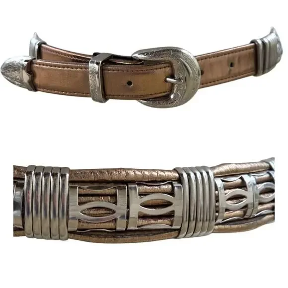 Vintage 80s Gold Copper Silver Belt M/L Etched Buckle Guard Tip Office Siren - Picture 1 of 11